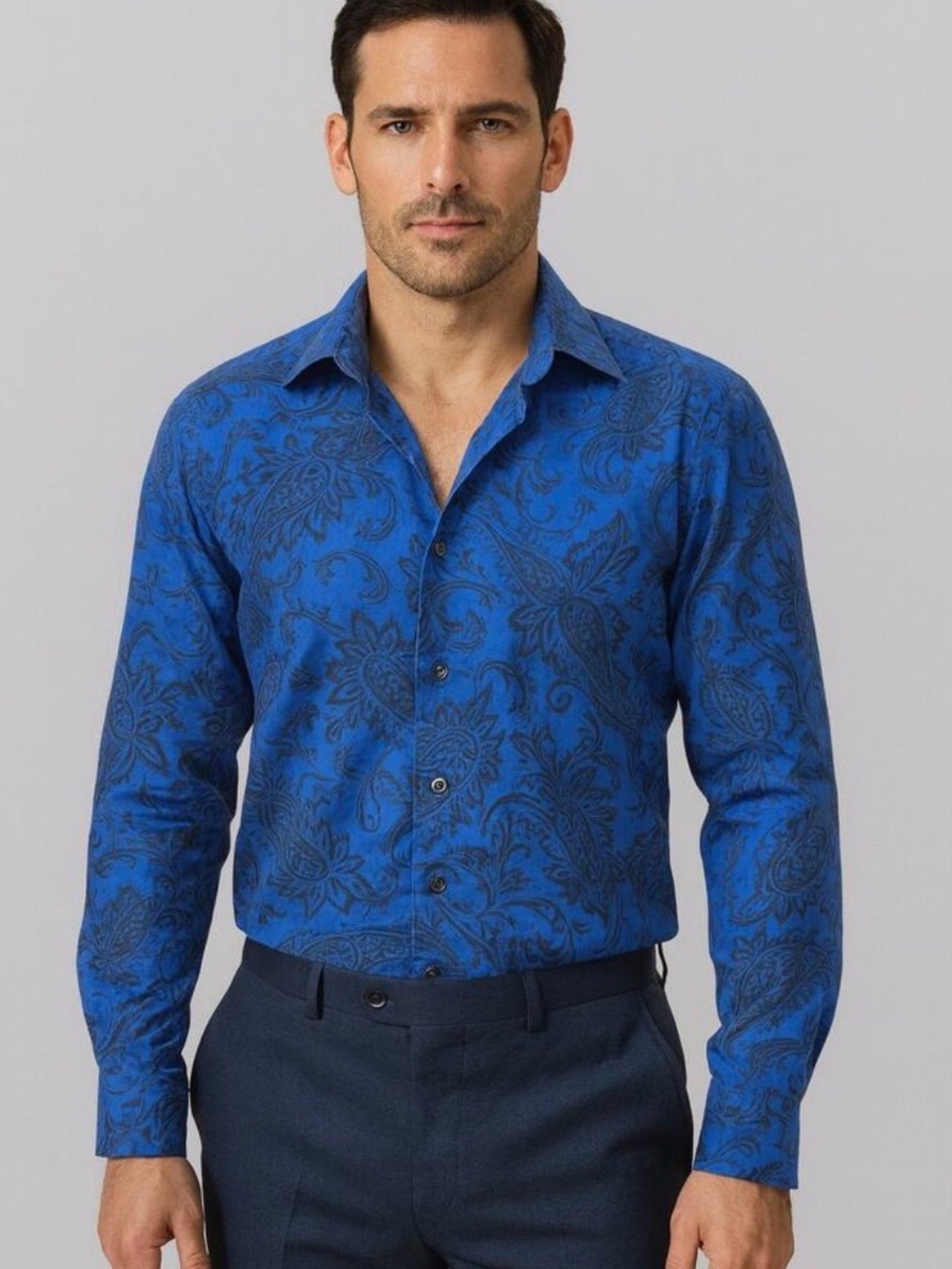 Etro Luxury Blue Paisley Dress Shirt Mens Medium Italian Cotton Button Up